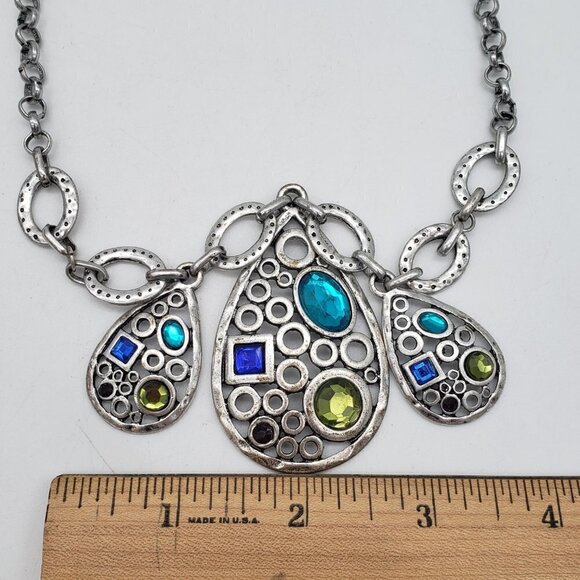 Laura Ashley Teardrop Gemstone Boho Tribal Silver Links Statement Necklace - Picture 5 of 9